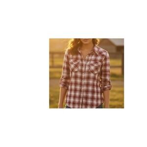 Women's Burgundy Plaid Flannel Western Button-Up Shirt XL